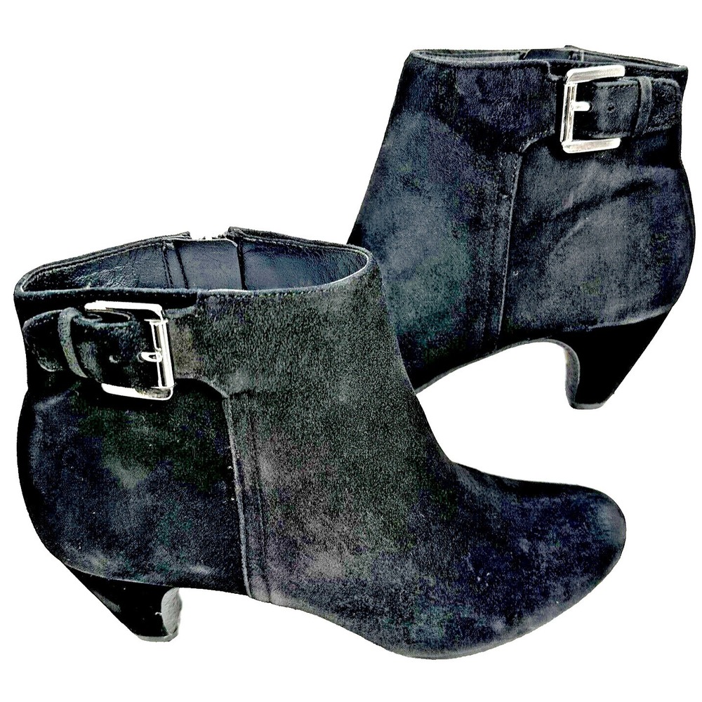 Sam Edelman Morgan Ankle Boots Womens 7.5 Black Suede Kitten Heel Buckle Booties